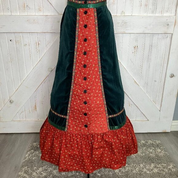 70's Vintage Red Green Velveteen Calico Prairie Maxi Skirt *FLAWS - Picture 2 of 10
